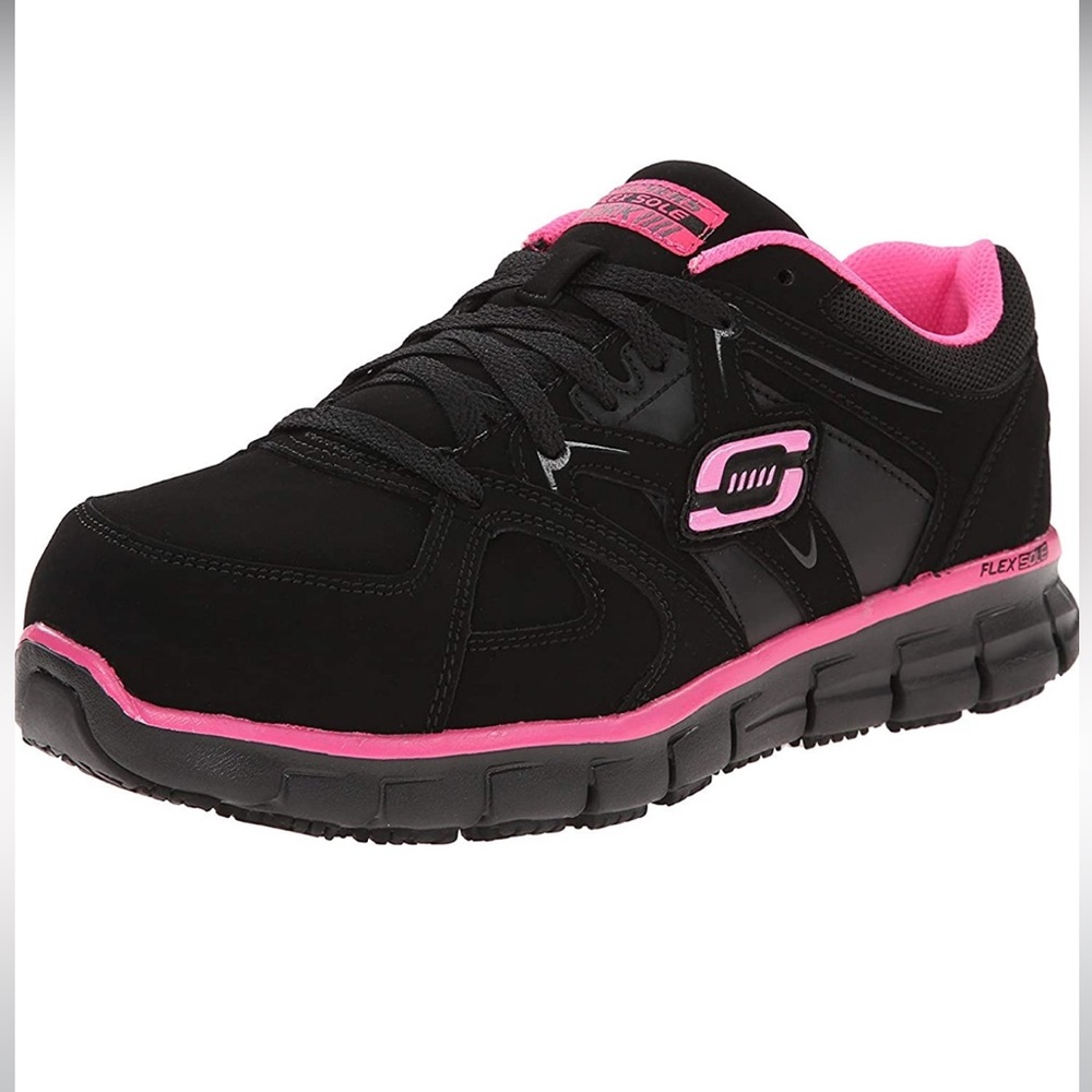 Skechers synergy sandlot safety shoes size 9 black and pink work shoes steel toe